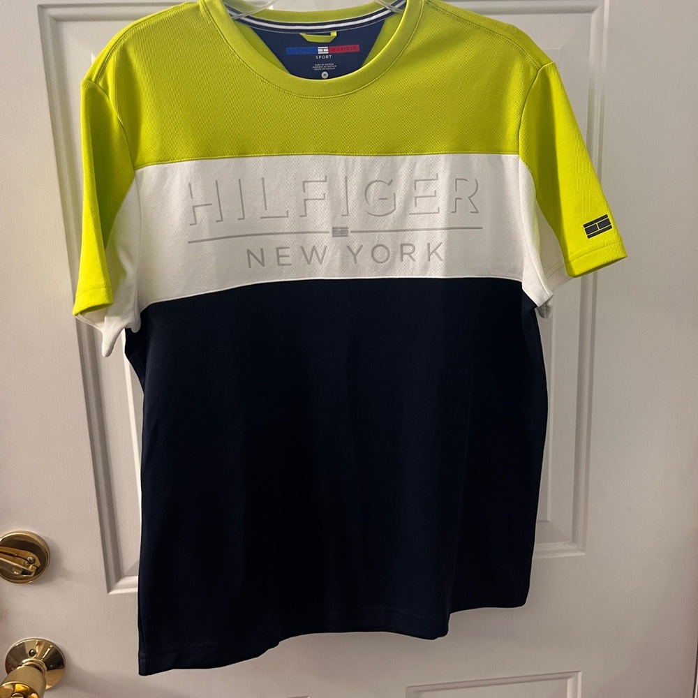 Tommy Hilfiger Men's Lime Green, White, and Navy Shirt